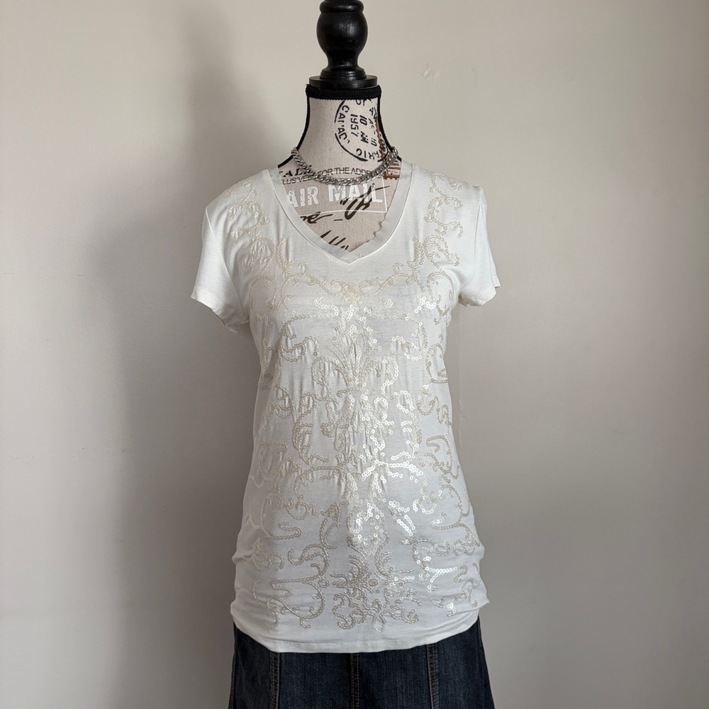 Y2K Jessica short sleeve sequin white casual summer top